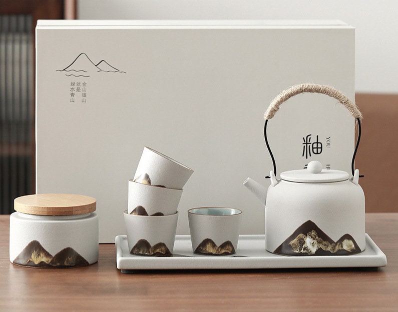 Japanese Zen Gongfu Tea Set, Black Pottery Chinese Tea Set, Kungfu Teapot set with Tea Cups, Tea Tray and Tea Jar, Gift For Tea Lovers