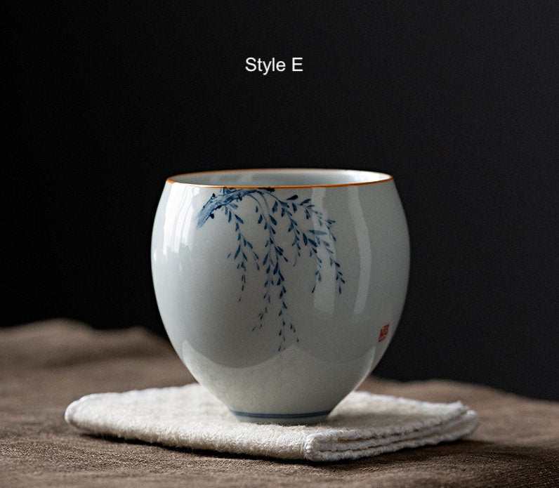 Hand Painted Kungfu Tea Cup 135ml/4.56oz | Blue White Retro Style Gongfu Tea Cup | Egg Shaped Chinese Tea Cup | Tea Lovers Gift - 5 Styles