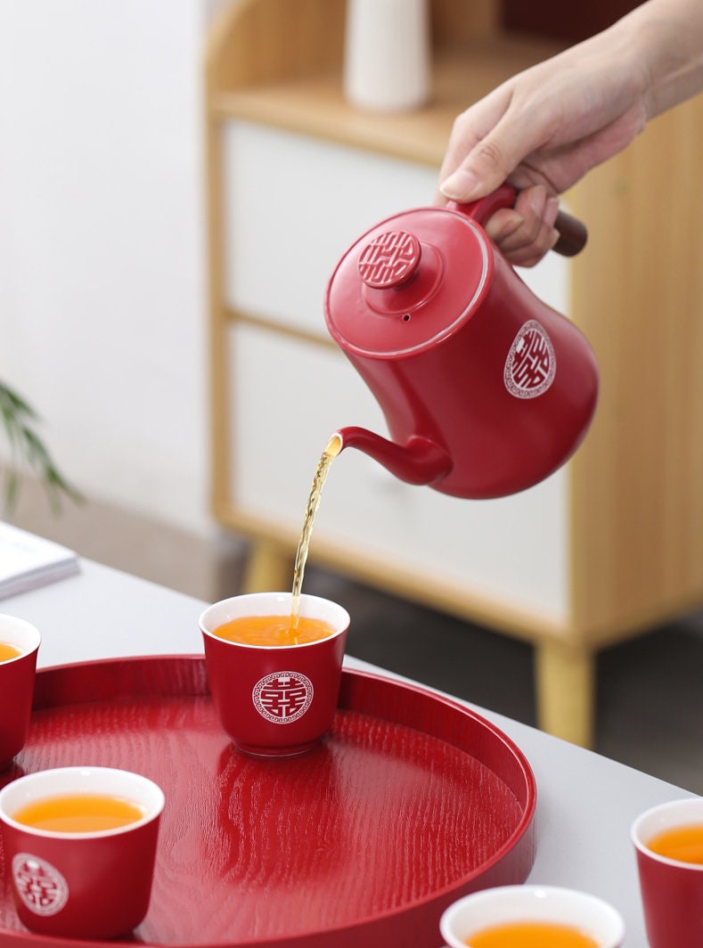 Chinese Wedding Tea Set, Double Happiness Wedding Tea Ceremony Set, Red Ceramic Tea Set with 1 Teapot and 6 Cups, Chinese Wedding Gift