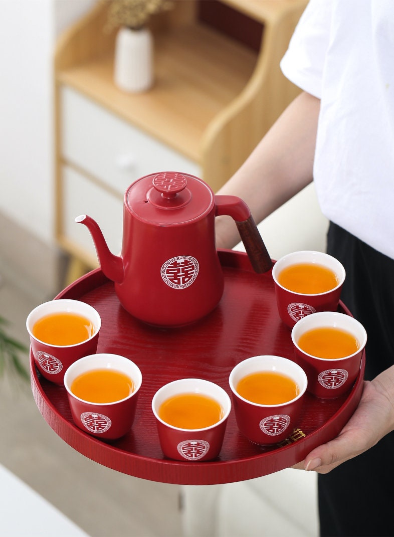 Chinese Wedding Tea Set, Double Happiness Wedding Tea Ceremony Set, Red Ceramic Tea Set with 1 Teapot and 6 Cups, Chinese Wedding Gift