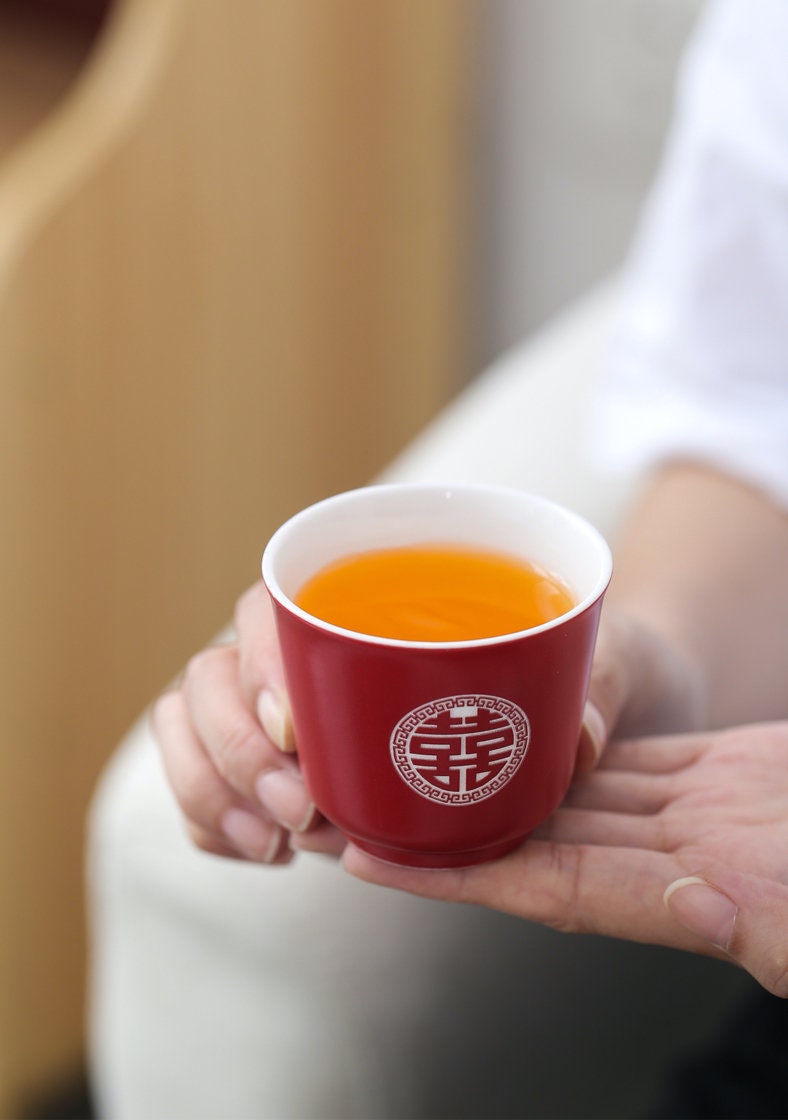 Chinese Wedding Tea Set, Double Happiness Wedding Tea Ceremony Set, Red Ceramic Tea Set with 1 Teapot and 6 Cups, Chinese Wedding Gift