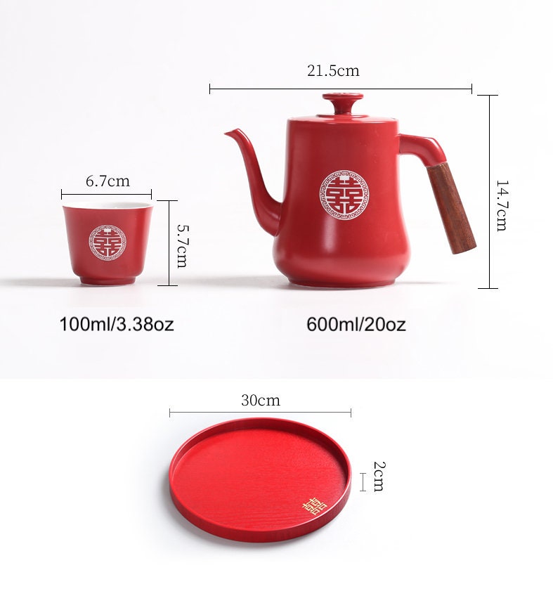 Chinese Wedding Tea Set, Double Happiness Wedding Tea Ceremony Set, Red Ceramic Tea Set with 1 Teapot and 6 Cups, Chinese Wedding Gift