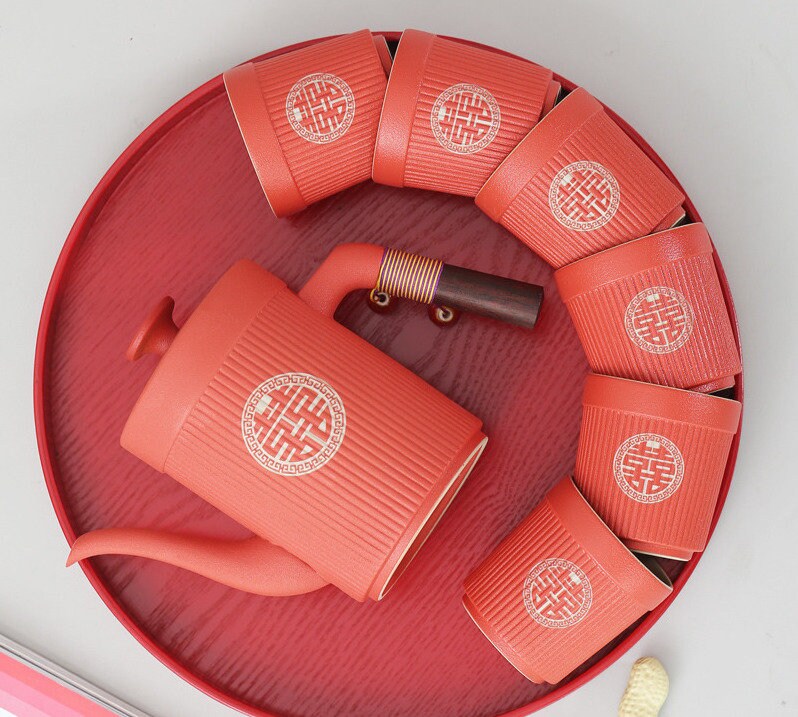 Oriental Wedding Tea Ceremony Set, Double Happiness Chinese Wedding Tea Set, Red Ceramic Tea Set - 1 Teapot and 6 Cups, Chinese Wedding Gift