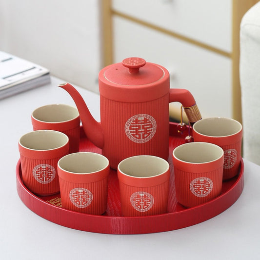 Oriental Wedding Tea Ceremony Set, Double Happiness Chinese Wedding Tea Set, Red Ceramic Tea Set - 1 Teapot and 6 Cups, Chinese Wedding Gift