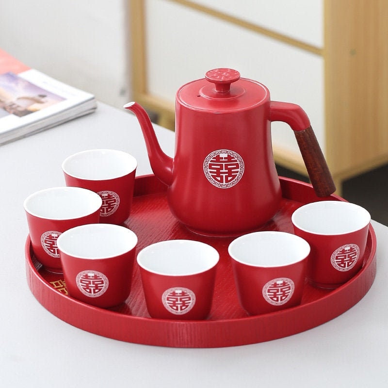Chinese Wedding Tea Set, Double Happiness Wedding Tea Ceremony Set, Red Ceramic Tea Set with 1 Teapot and 6 Cups, Chinese Wedding Gift