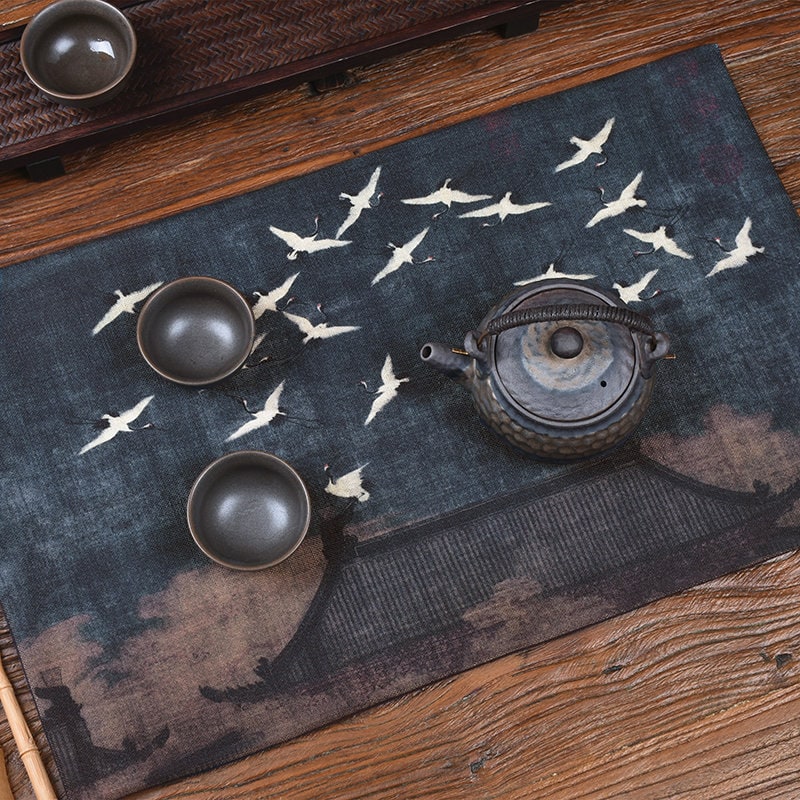 Lucky Cranes Table Runner for Gongfu Tea Ceremony, Kungfu Tea Table Mat, Zen Style Tea Cloth, Kungfu Tea Accessories