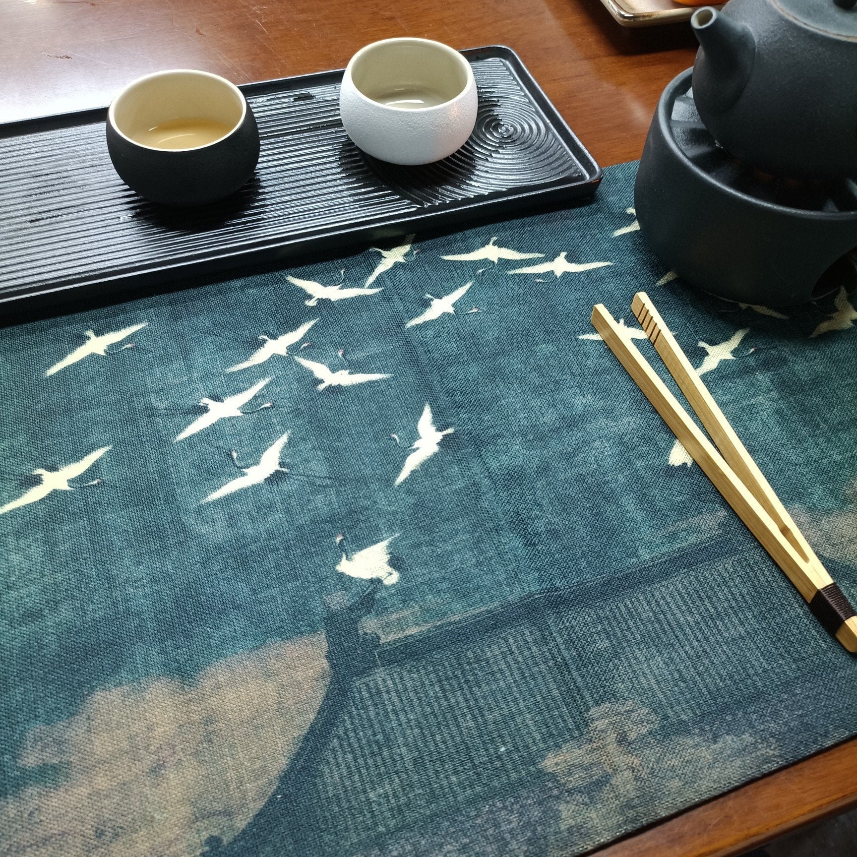 Lucky Cranes Table Runner for Gongfu Tea Ceremony, Kungfu Tea Table Mat, Zen Style Tea Cloth, Kungfu Tea Accessories