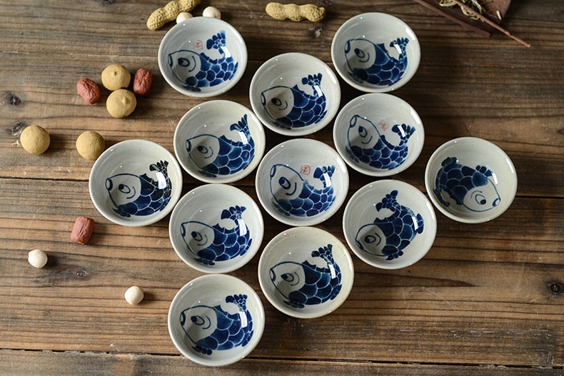 Hand Painted Fish Tea Cup (2oz/60ml), Small Kung Fu Tea Cup, Handmade Pu-Erh Tea Cup | Blue White Chinese Tea Cup | Gift to Tea Lovers