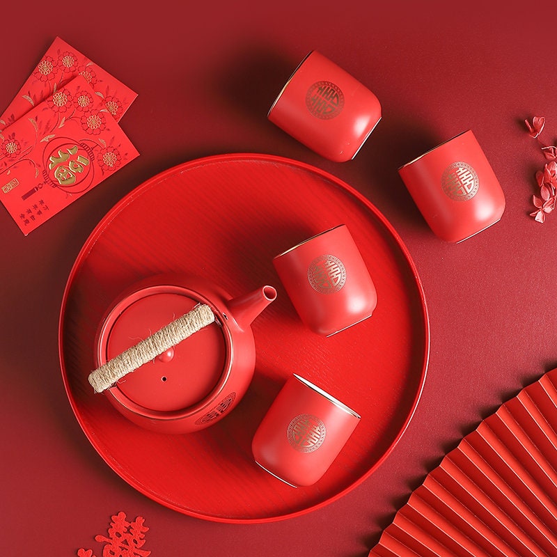 Oriental Wedding Tea Ceremony Set, Double Happiness Wedding Tea Set, Red Ceramic Tea Set with 1 Teapot, 4 Cups and 1 Tea Tray, Wedding Gift