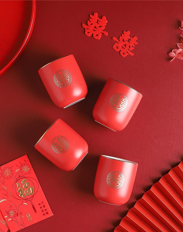 Oriental Wedding Tea Ceremony Set, Double Happiness Wedding Tea Set, Red Ceramic Tea Set with 1 Teapot, 4 Cups and 1 Tea Tray, Wedding Gift