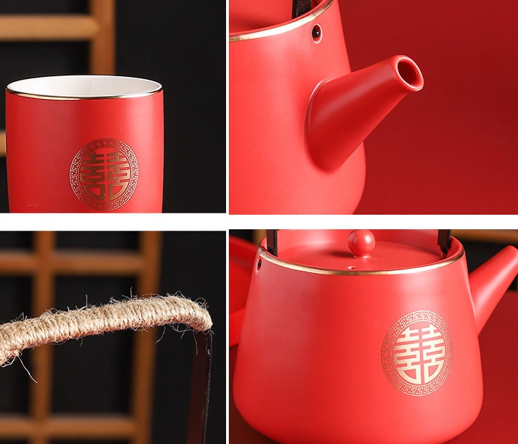 Oriental Wedding Tea Ceremony Set, Double Happiness Wedding Tea Set, Red Ceramic Tea Set with 1 Teapot, 4 Cups and 1 Tea Tray, Wedding Gift