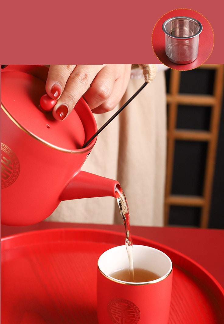 Oriental Wedding Tea Ceremony Set, Double Happiness Wedding Tea Set, Red Ceramic Tea Set with 1 Teapot, 4 Cups and 1 Tea Tray, Wedding Gift