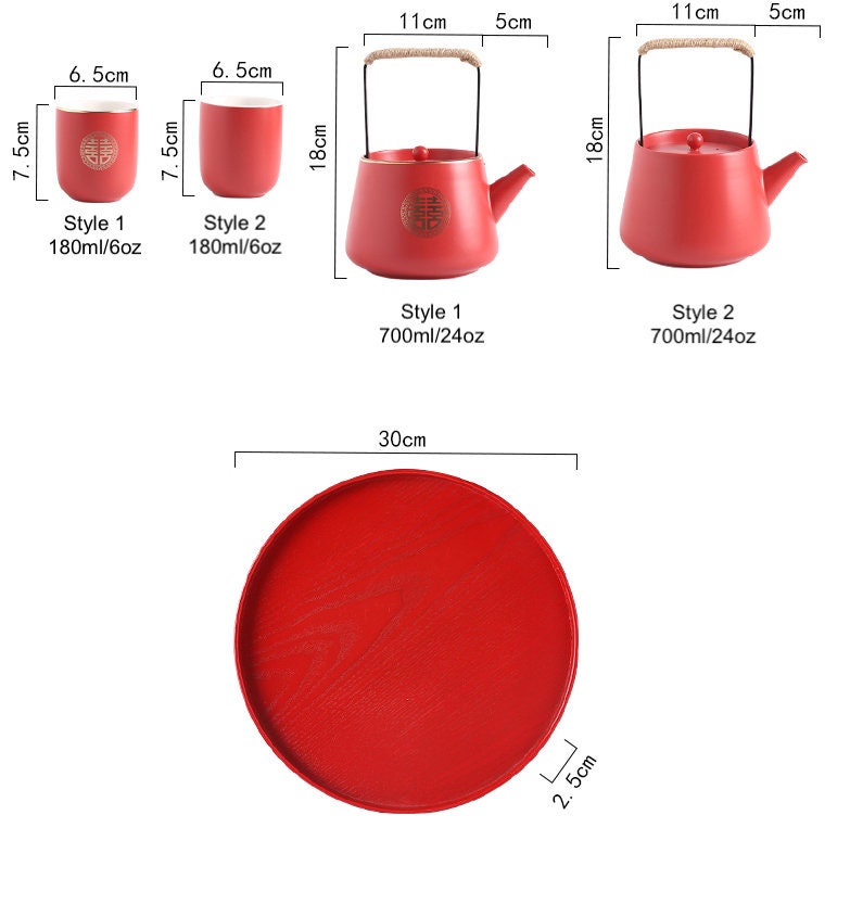 Oriental Wedding Tea Ceremony Set, Double Happiness Wedding Tea Set, Red Ceramic Tea Set with 1 Teapot, 4 Cups and 1 Tea Tray, Wedding Gift