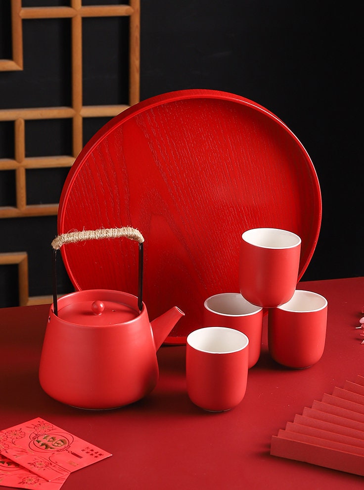 Oriental Wedding Tea Ceremony Set, Double Happiness Wedding Tea Set, Red Ceramic Tea Set with 1 Teapot, 4 Cups and 1 Tea Tray, Wedding Gift