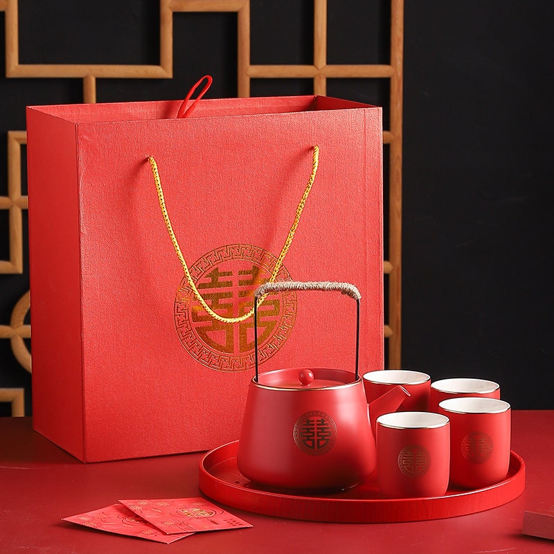 Oriental Wedding Tea Ceremony Set, Double Happiness Wedding Tea Set, Red Ceramic Tea Set with 1 Teapot, 4 Cups and 1 Tea Tray, Wedding Gift