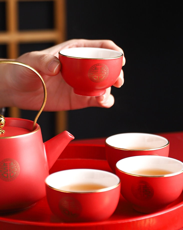Wedding Tea Ceremony Set, Chinese Wedding Tea Set, Double Happiness Wedding tea set- 1 Teapot 4 Cups and 1 Tray, Wedding Gift