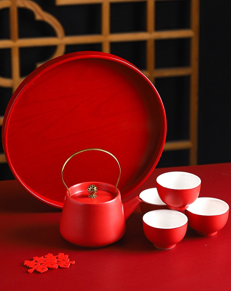 Wedding Tea Ceremony Set, Chinese Wedding Tea Set, Double Happiness Wedding tea set- 1 Teapot 4 Cups and 1 Tray, Wedding Gift