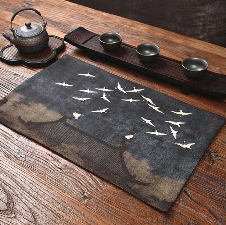 Lucky Cranes Table Runner for Gongfu Tea Ceremony, Kungfu Tea Table Mat, Zen Style Tea Cloth, Kungfu Tea Accessories