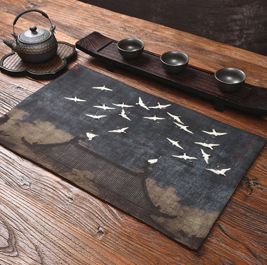 Lucky Cranes Table Runner for Gongfu Tea Ceremony, Kungfu Tea Table Mat, Zen Style Tea Cloth, Kungfu Tea Accessories