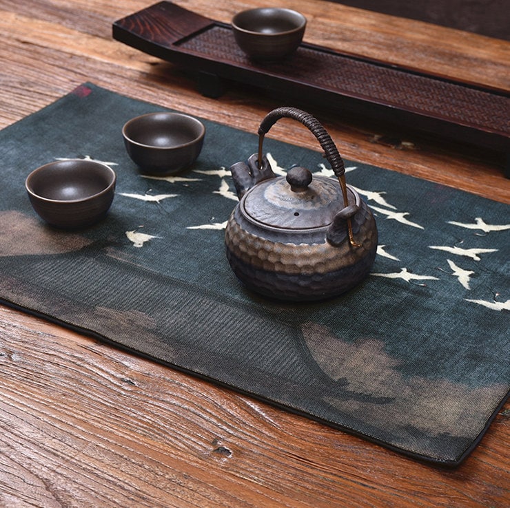 Lucky Cranes Table Runner for Gongfu Tea Ceremony, Kungfu Tea Table Mat, Zen Style Tea Cloth, Kungfu Tea Accessories
