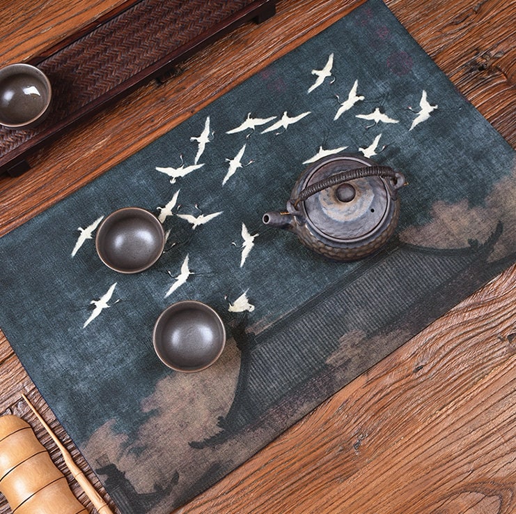 Lucky Cranes Table Runner for Gongfu Tea Ceremony, Kungfu Tea Table Mat, Zen Style Tea Cloth, Kungfu Tea Accessories