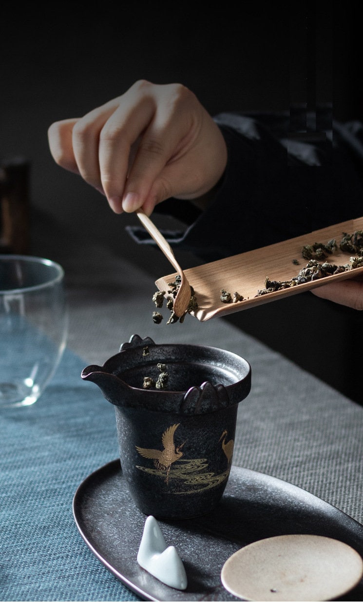 Lucky Crane Ceramic Kungfu Tea Set| Small Chinese Gongfu Tea Set for Two - 1 Teapot, 2 Cups and 1 Tea Tray | Retro Style | Tea Lover Gift