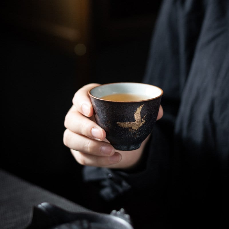 Lucky Crane Ceramic Kungfu Tea Set| Small Chinese Gongfu Tea Set for Two - 1 Teapot, 2 Cups and 1 Tea Tray | Retro Style | Tea Lover Gift