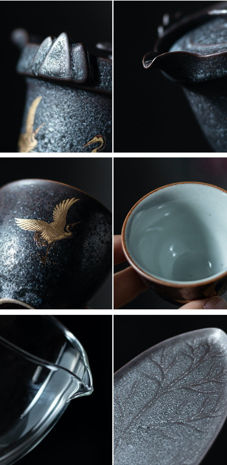 Lucky Crane Ceramic Kungfu Tea Set| Small Chinese Gongfu Tea Set for Two - 1 Teapot, 2 Cups and 1 Tea Tray | Retro Style | Tea Lover Gift