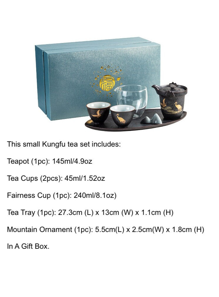 Lucky Crane Ceramic Kungfu Tea Set| Small Chinese Gongfu Tea Set for Two - 1 Teapot, 2 Cups and 1 Tea Tray | Retro Style | Tea Lover Gift