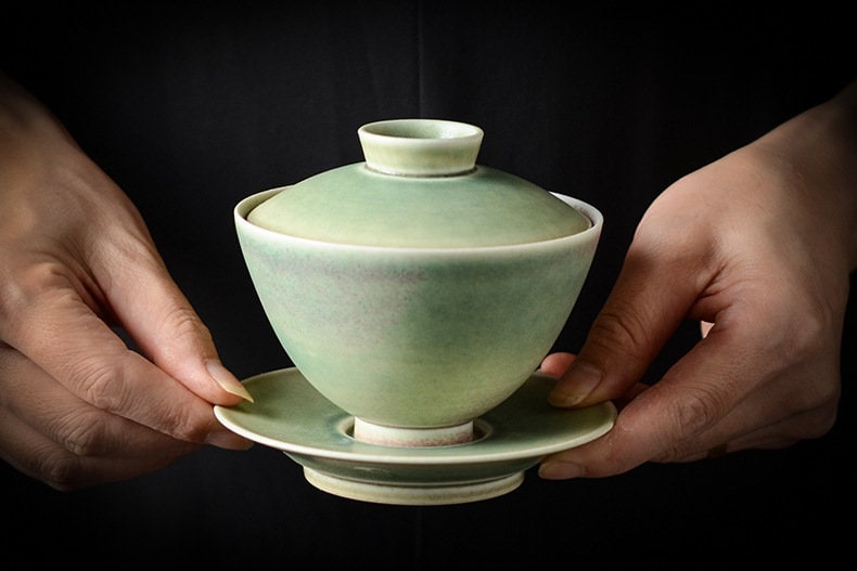 Handmade Banana Leaf Green Glaze Gaiwan Tea Set, Jingdezhen Gongfu Tea Set - 1 Gaiwan, 1 Fairness Cup and 4 Cups, Kungfu Tea Lovers Choice