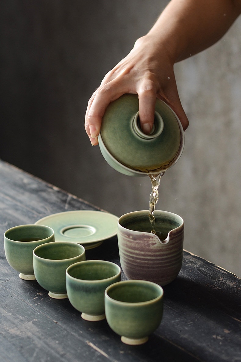 Handmade Banana Leaf Green Glaze Gaiwan Tea Set, Jingdezhen Gongfu Tea Set - 1 Gaiwan, 1 Fairness Cup and 4 Cups, Kungfu Tea Lovers Choice