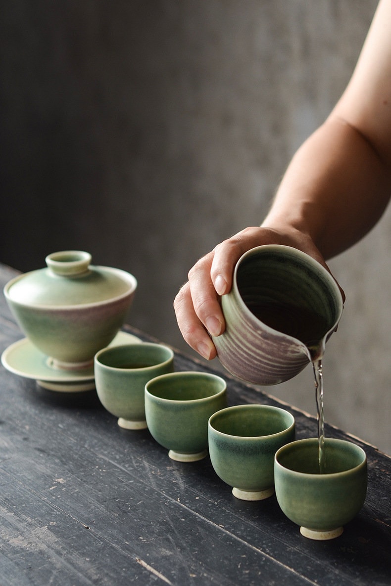 Handmade Banana Leaf Green Glaze Gaiwan Tea Set, Jingdezhen Gongfu Tea Set - 1 Gaiwan, 1 Fairness Cup and 4 Cups, Kungfu Tea Lovers Choice