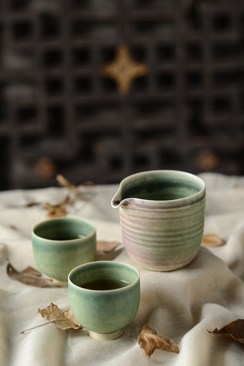 Handmade Banana Leaf Green Glaze Gaiwan Tea Set, Jingdezhen Gongfu Tea Set - 1 Gaiwan, 1 Fairness Cup and 4 Cups, Kungfu Tea Lovers Choice