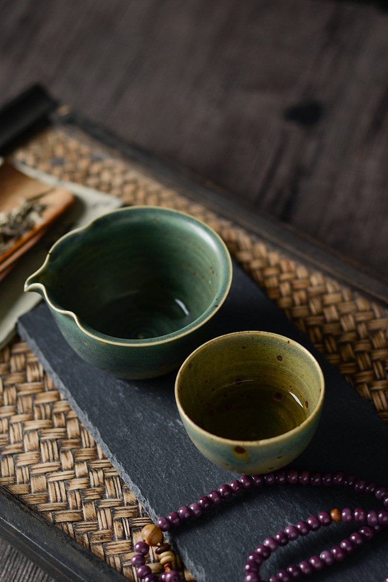 Hand Thrown Banana Leaf Green Glaze Kungfu Tea Set, Jingdezhen Gongfu Tea Set - 1 Teapot, 1 Fairness Cup and 4 Cups, Tea Lovers Gift