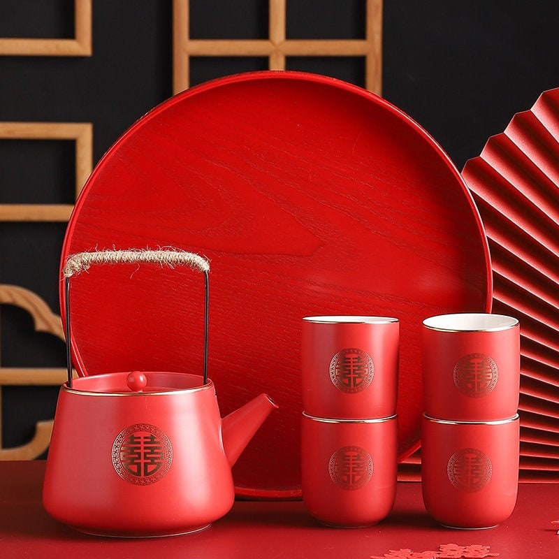 Oriental Wedding Tea Ceremony Set, Double Happiness Wedding Tea Set, Red Ceramic Tea Set with 1 Teapot, 4 Cups and 1 Tea Tray, Wedding Gift