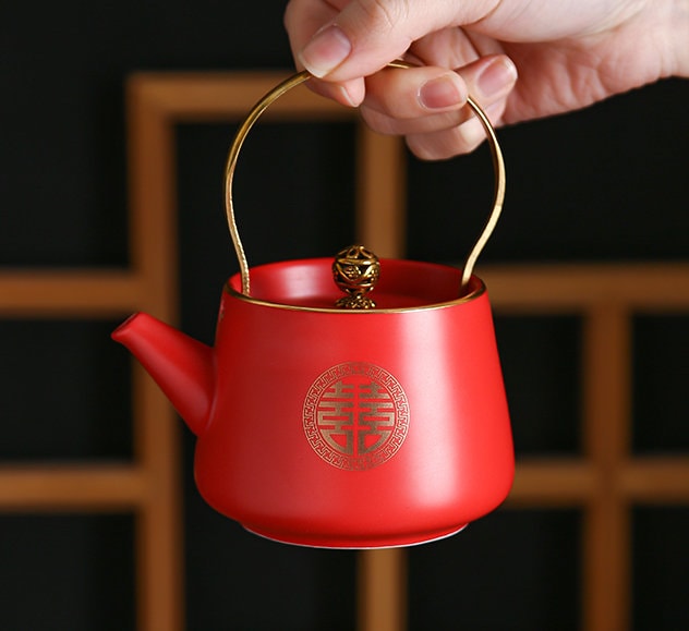 Wedding Tea Ceremony Set, Chinese Wedding Tea Set, Double Happiness Wedding tea set- 1 Teapot 4 Cups and 1 Tray, Wedding Gift
