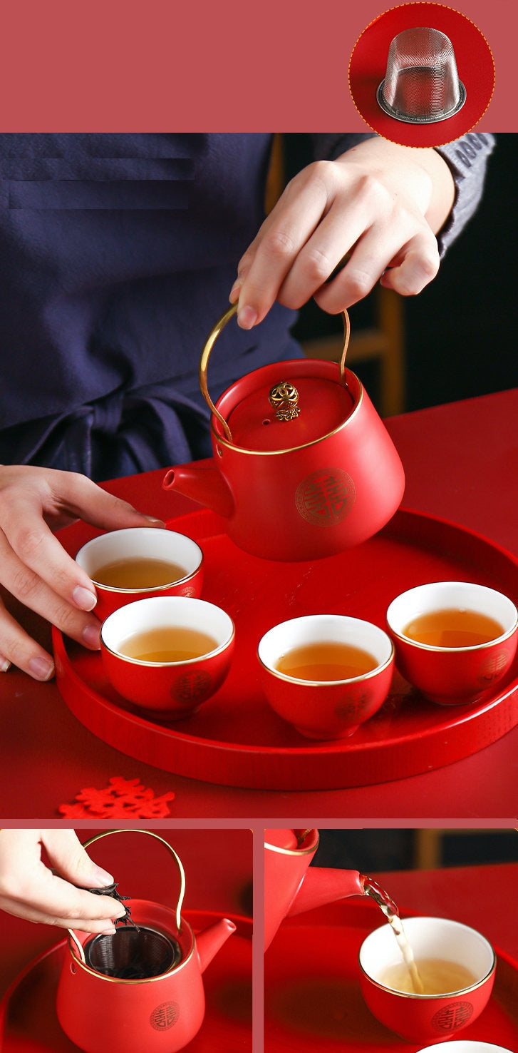 Wedding Tea Ceremony Set, Chinese Wedding Tea Set, Double Happiness Wedding tea set- 1 Teapot 4 Cups and 1 Tray, Wedding Gift