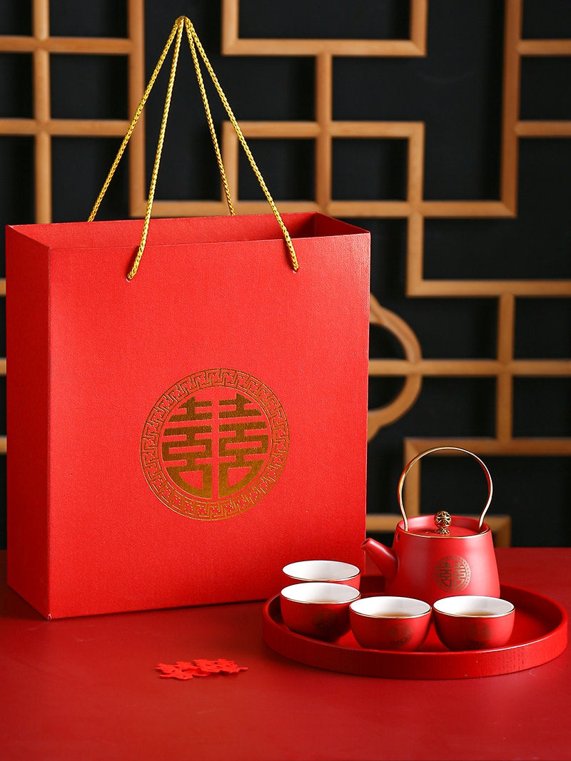 Wedding Tea Ceremony Set, Chinese Wedding Tea Set, Double Happiness Wedding tea set- 1 Teapot 4 Cups and 1 Tray, Wedding Gift