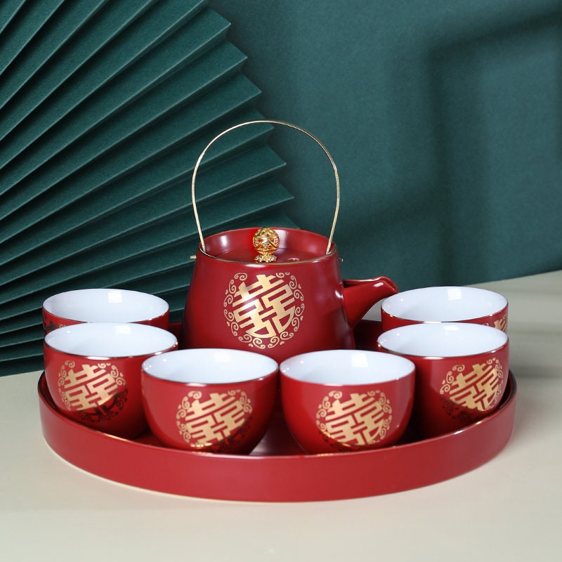 Wedding Tea Ceremony Set, Double Happiness Wedding Teapot Set, Chinese Teapot Set with 1 Teapot, 6 Cups and 1 Tray, Wedding Tea Cups