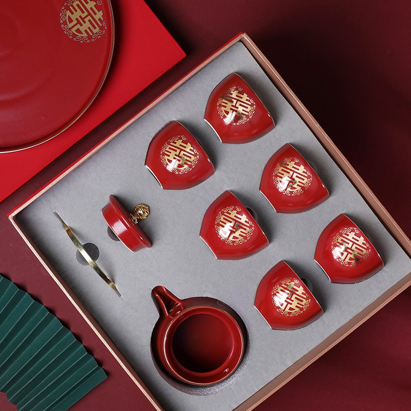 Wedding Tea Ceremony Set, Double Happiness Wedding Teapot Set, Chinese Teapot Set with 1 Teapot, 6 Cups and 1 Tray, Wedding Tea Cups