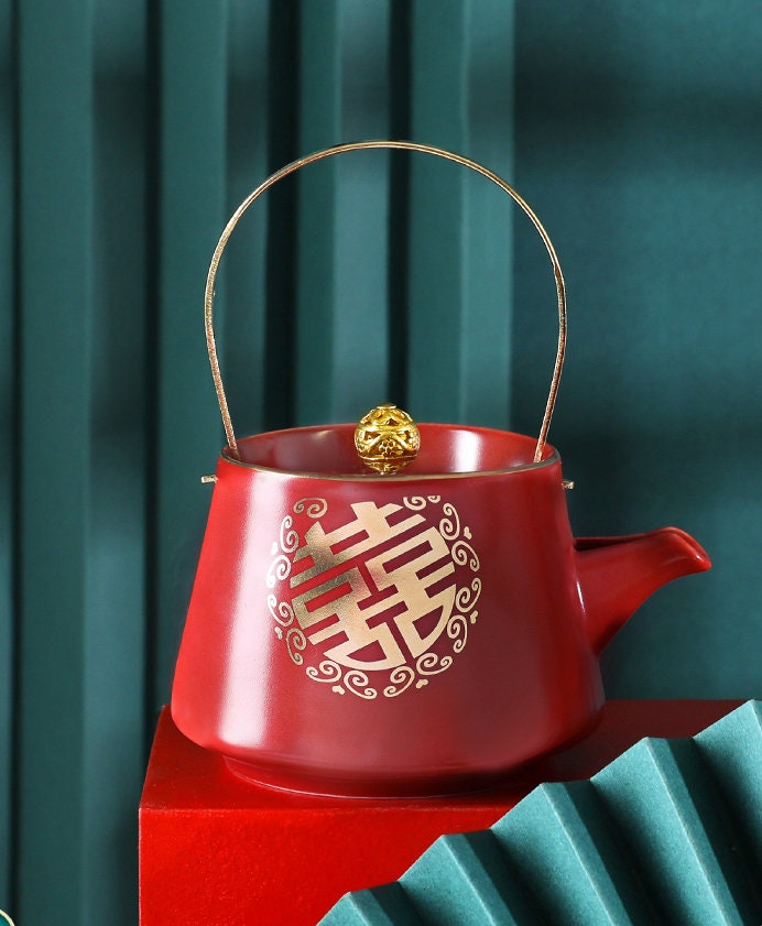 Wedding Tea Ceremony Set, Double Happiness Wedding Teapot Set, Chinese Teapot Set with 1 Teapot, 6 Cups and 1 Tray, Wedding Tea Cups