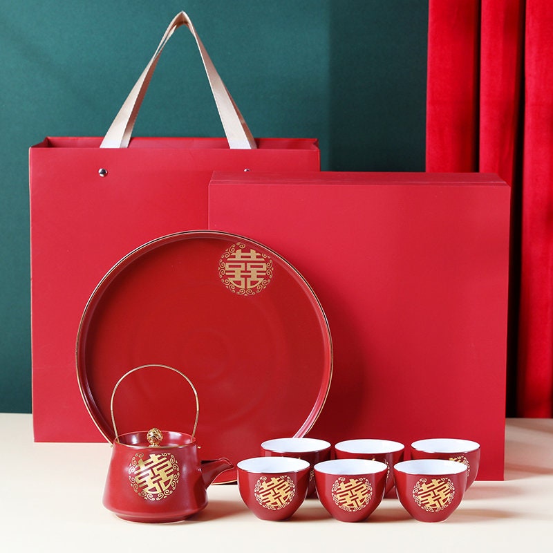 Wedding Tea Ceremony Set, Double Happiness Wedding Teapot Set, Chinese Teapot Set with 1 Teapot, 6 Cups and 1 Tray, Wedding Tea Cups