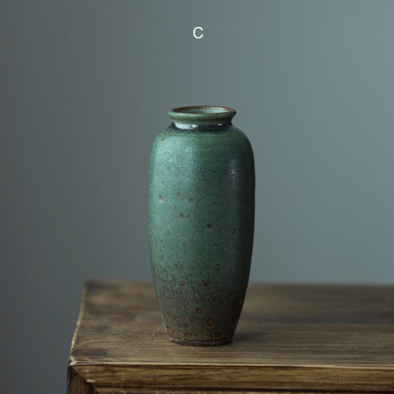Retro Dark Green Ceramic Vase For Flowers, Hand Thrown Flower Vase, Ceramic Small Vase for Kungfu Tea Table Decor, Home Decor Vase
