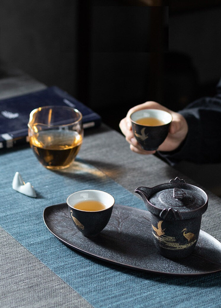 Lucky Crane Ceramic Kungfu Tea Set| Small Chinese Gongfu Tea Set for Two - 1 Teapot, 2 Cups and 1 Tea Tray | Retro Style | Tea Lover Gift