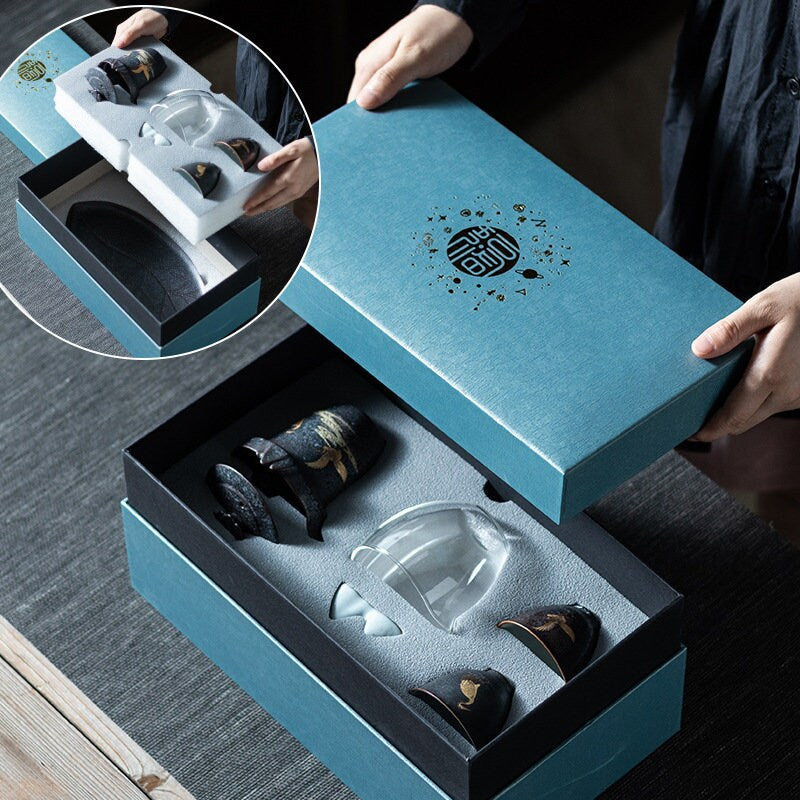 Lucky Crane Ceramic Kungfu Tea Set| Small Chinese Gongfu Tea Set for Two - 1 Teapot, 2 Cups and 1 Tea Tray | Retro Style | Tea Lover Gift