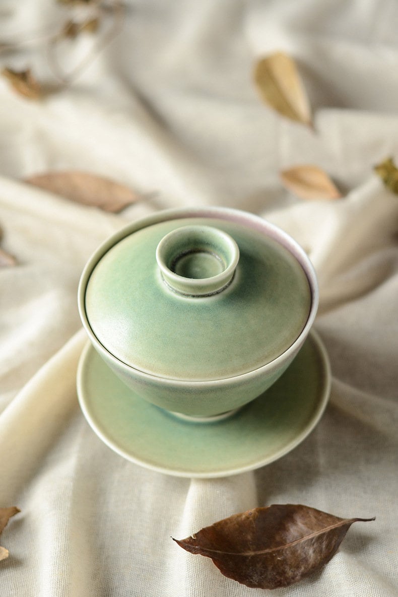 Handmade Banana Leaf Green Glaze Gaiwan Tea Set, Jingdezhen Gongfu Tea Set - 1 Gaiwan, 1 Fairness Cup and 4 Cups, Kungfu Tea Lovers Choice