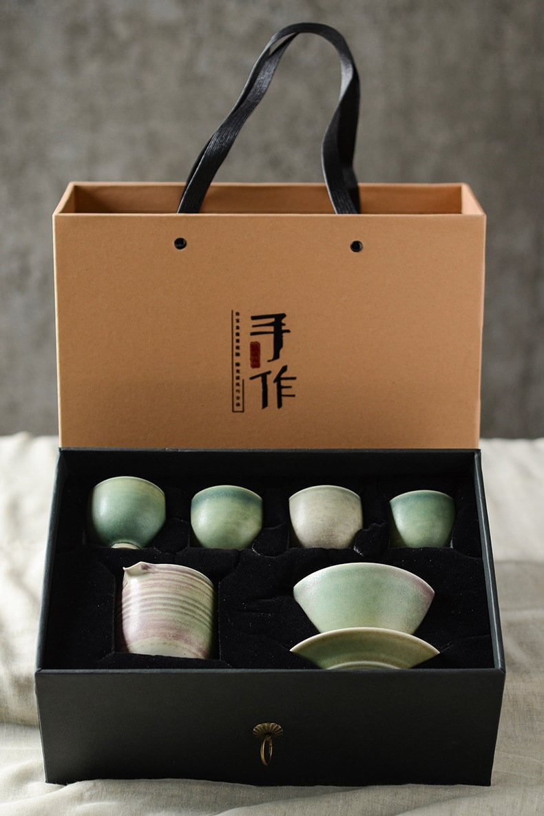 Handmade Banana Leaf Green Glaze Gaiwan Tea Set, Jingdezhen Gongfu Tea Set - 1 Gaiwan, 1 Fairness Cup and 4 Cups, Kungfu Tea Lovers Choice