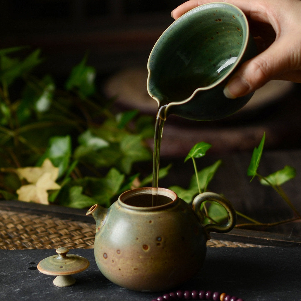 Hand Thrown Banana Leaf Green Glaze Kungfu Tea Set, Jingdezhen Gongfu Tea Set - 1 Teapot, 1 Fairness Cup and 4 Cups, Tea Lovers Gift