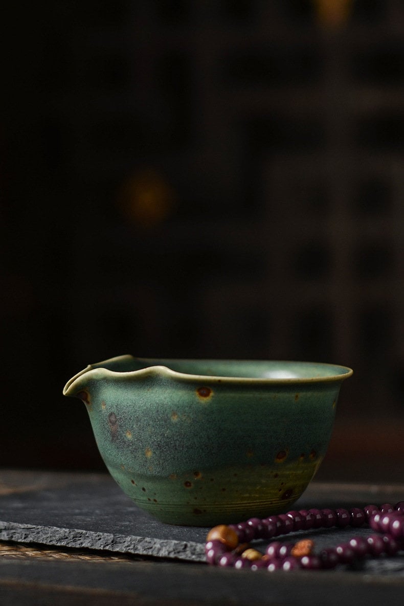 Hand Thrown Banana Leaf Green Glaze Kungfu Tea Set, Jingdezhen Gongfu Tea Set - 1 Teapot, 1 Fairness Cup and 4 Cups, Tea Lovers Gift