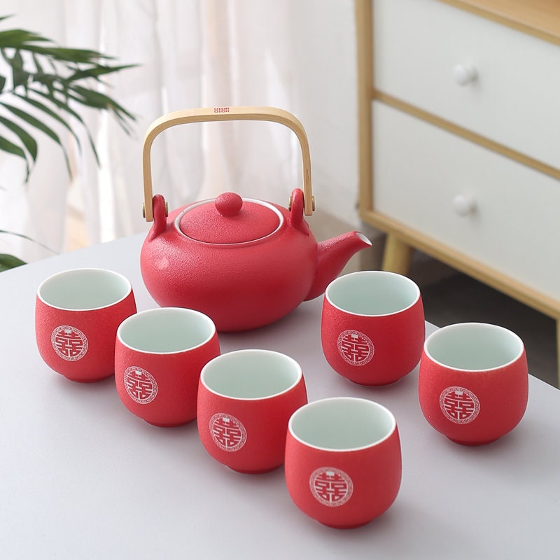 Chinese Wedding Tea Set, Double Happiness Wedding Tea Ceremony Set, Oriental Wedding Tea Set - 1 Teapot, 6 Cups and 1 Tray in Gift Box